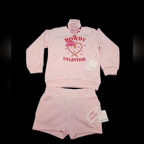 Violet Skye Toddler Outfit Set | 3-Piece Pink “Howdy Valentine” Sweatshirt 4T - Picture 2 of 12